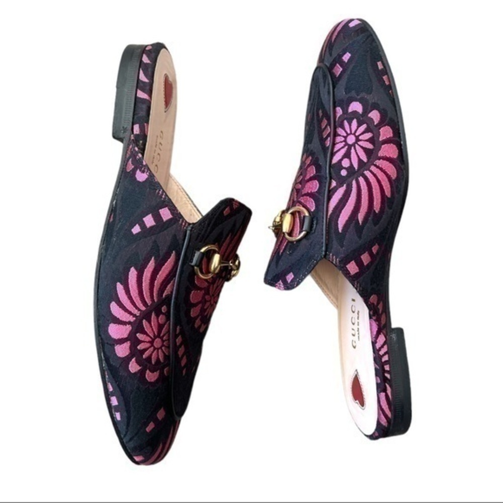 GUCCI Princetown Pink and Black Printed Fabric Mules Size 36 - Picture 4 of 8